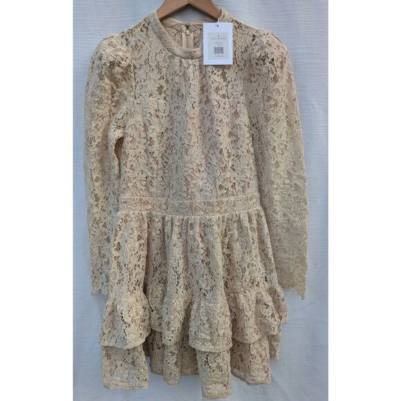 Rachel Parcell Women's Metallic Lace Mini Dress Sz 8 Gold Long Sleeve Feminine - Picture 1 of 7